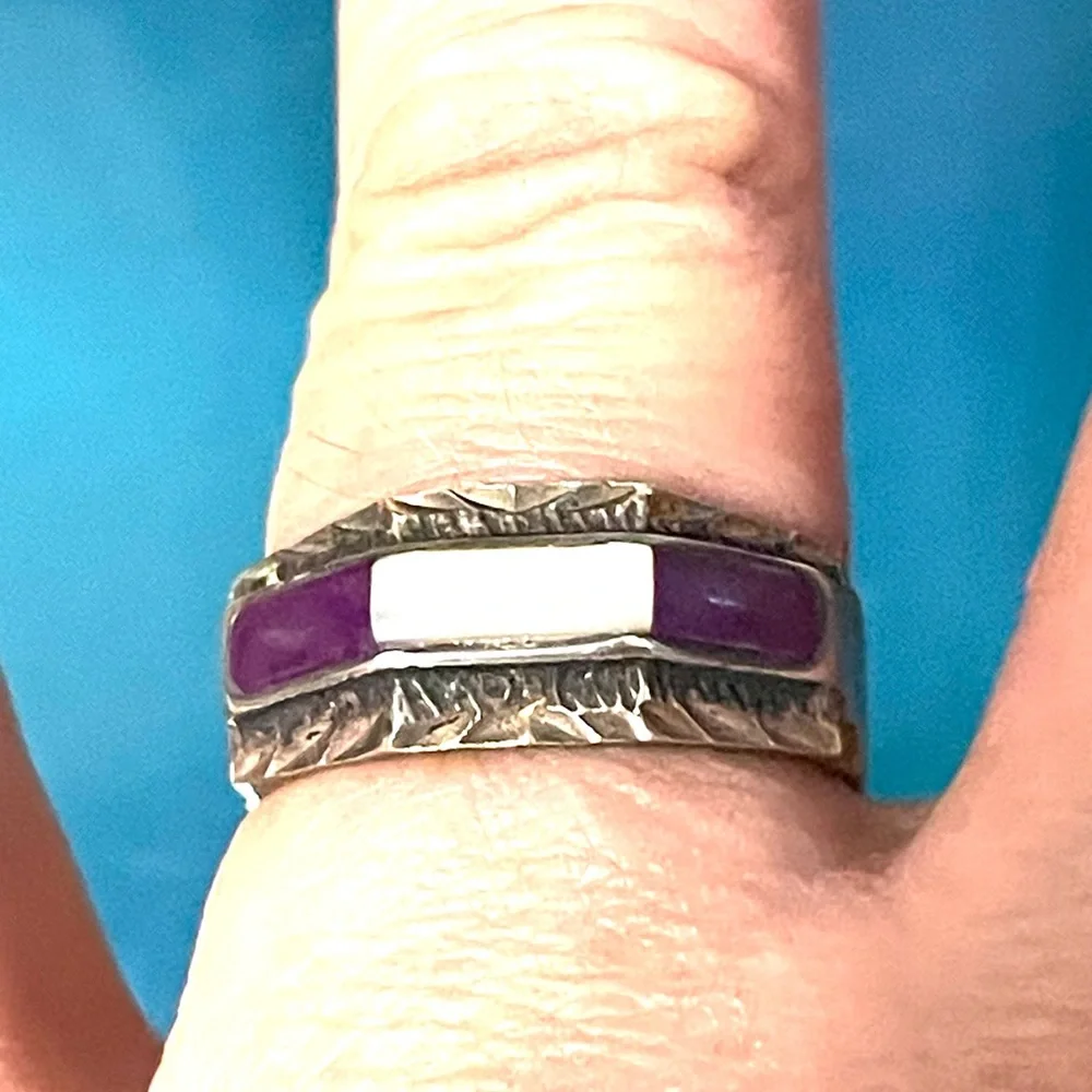 Sterling Charoite and Mother of Pearl Ring sz 10